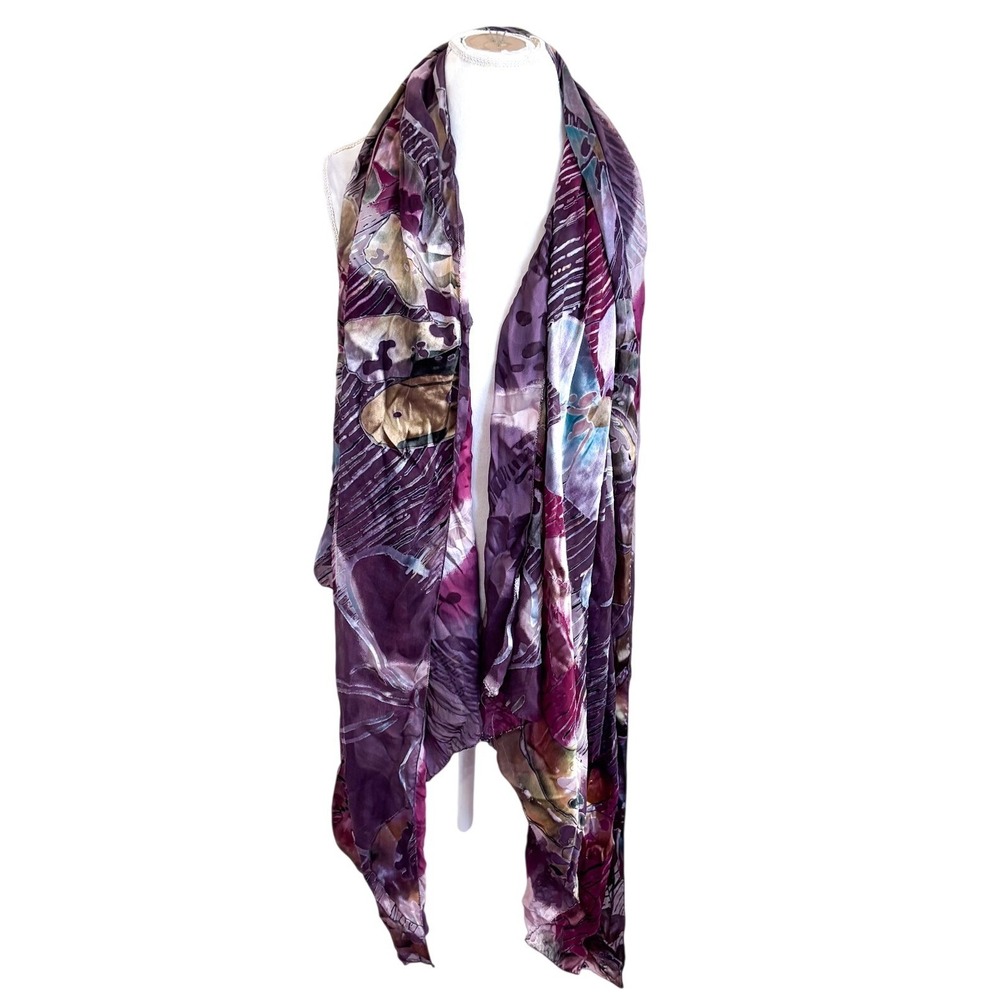 Tienda Ho VTG Silk Floral Scarf Shawl Purple Sheer Oversize Wrap Artsy Batik